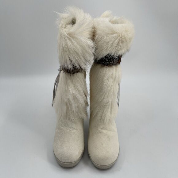 Bearpaw Wedge Goat Fur Winter Boots Womens 5 White Feathers - Picture 4 of 9